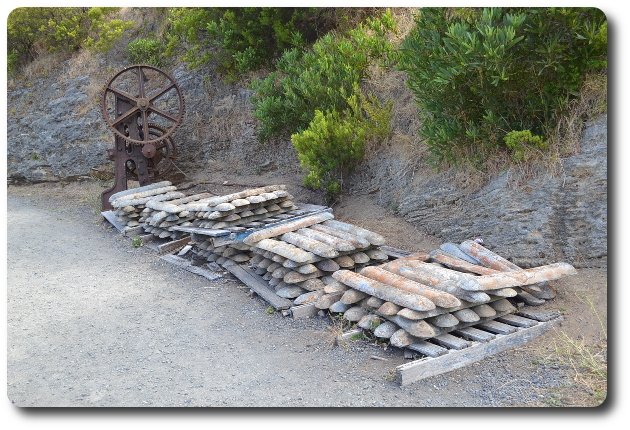 Some of the Loch Ard ingots stacked alongside the Flagstaff Hill lake.