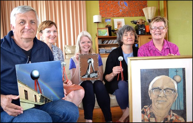 Silver lining: Melbourne University Archive academics Melinda Barrie (centre) and Sophie Garrett (centre right) catch up with working party members Mark Rashleigh, Emma Charlton and Julie Eagles (right) - and some of the artwork that has been inspired by Fletcher Jones and the iconic silver ball. Image: Bluestone Magazine.